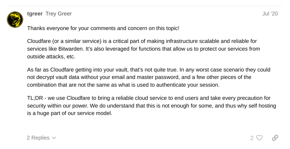 Bitwarden Employee Statement Regarding Cloudflare